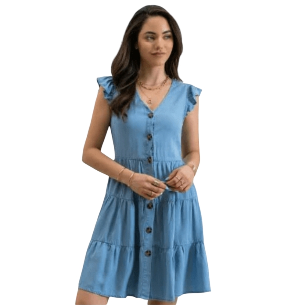 Sleeveless Blue Button-Front Tiered Dress